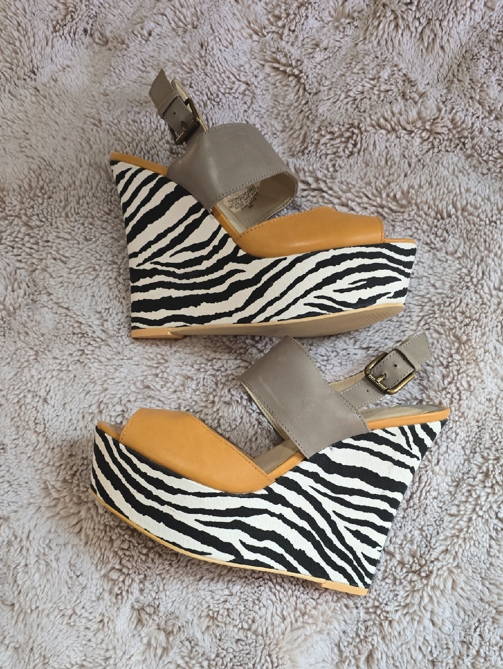 Unstopoble Women’s Zebra-Print Wedge Sandals in Mustard and Taupe By Nine West
